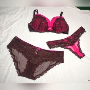 VS bra & panty set. Pink with brown lace. 2 panties, thong and full back.